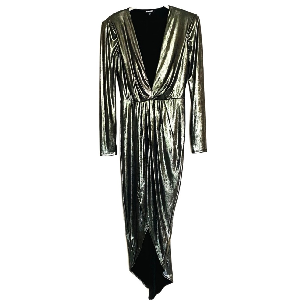 Express Gold Silver Metallic Asymmetrical Hem Wrap Maxi Dress